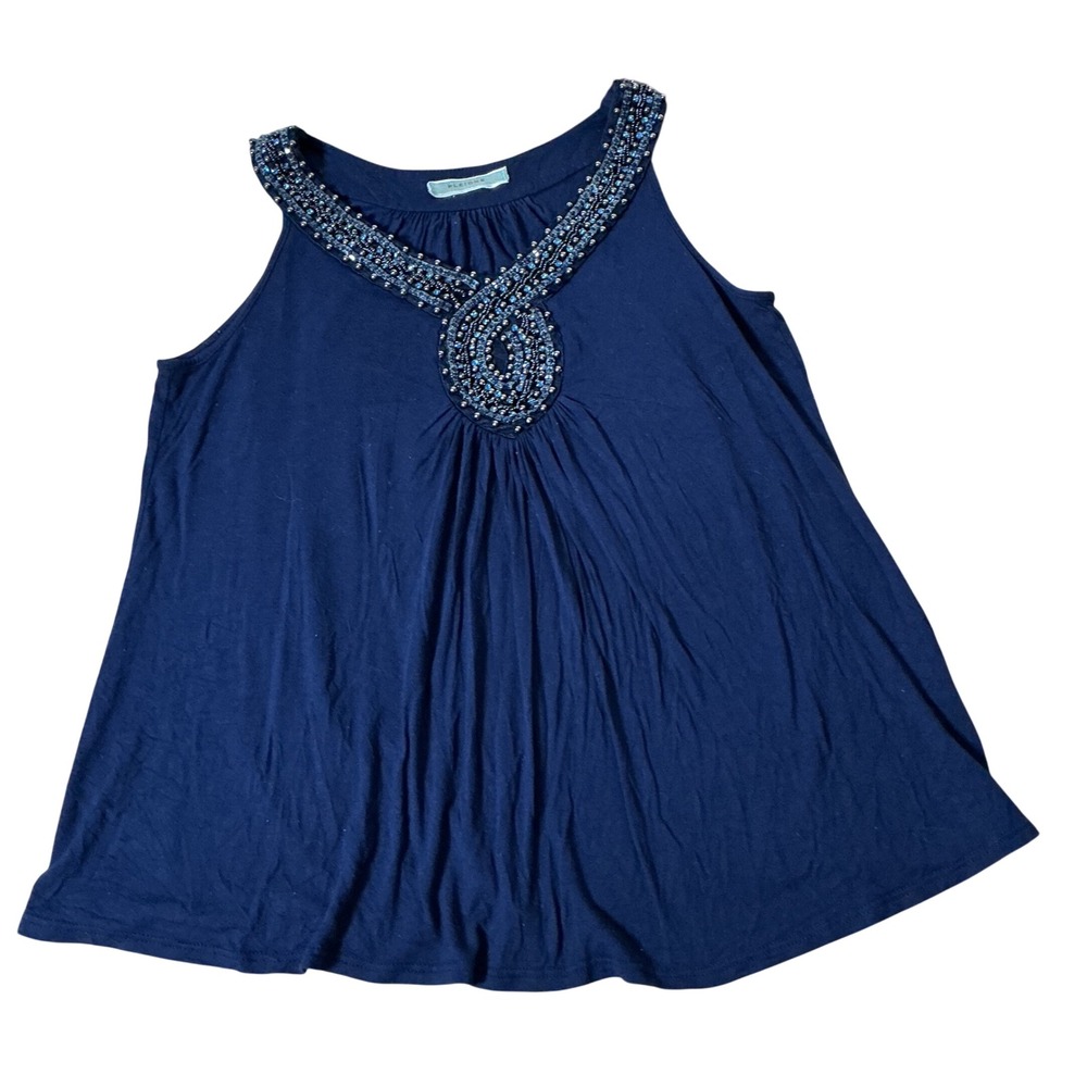 Pleione Beaded Neckline Sleeveless Tank Top Women M Navy Blue Embellished Rayon